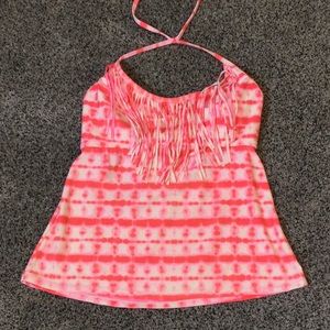 L Jr Op pink tie dye fringe tankini swim top